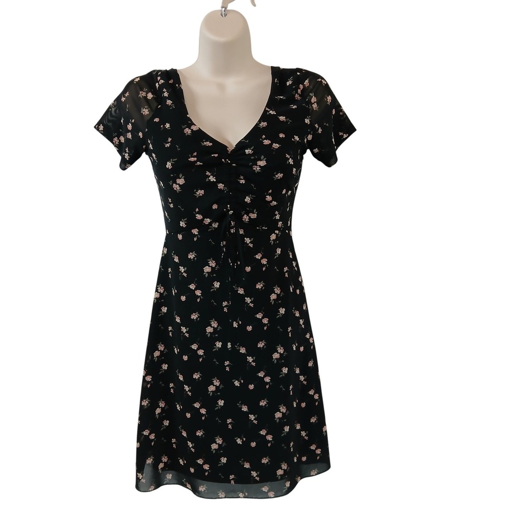 Hollister Ditsy Floral Mesh Mini Babydoll Dress XS Smocked Back Short Sleeve